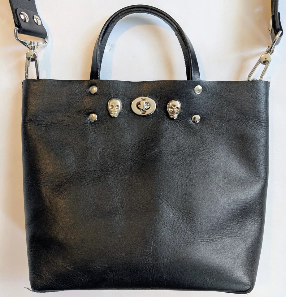 TRIBE ALIVE DIY Redone Black Genuine Leather Skull Punk Goth CROSSBODY BAG - Image 2 of 4
