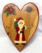 Christmas Folk Art Painted Wood Sign HAPPY HOLIDAYS SANTA Heart Vintage Plaque
