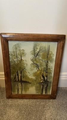 Vintage Ölgemälde Landschaft Bäume und Wasserspiegelungen, in einen Holzrahmen gefasst