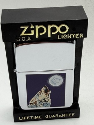 Vintage 1996 Timber Wolf Moon High Polish Chrome Zippo Lighter New B31