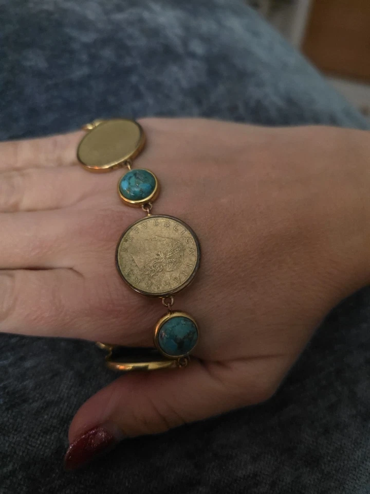 Pulsera BELLEZA LIRA Moneda Turquesa Bronce 7 Estaciones ~ M/L Foto 3 de 4