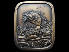 JL31148 COOL VINTAGE 1976 IMC  HOOKED BIG MOUTH BASS  BRASSTONE BELT BUCKLE