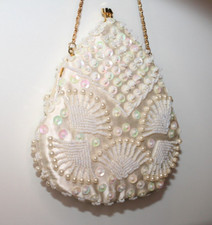 Vintage Beaded Sequined Ivory Purse Handmade in Hong Kong with Original Box