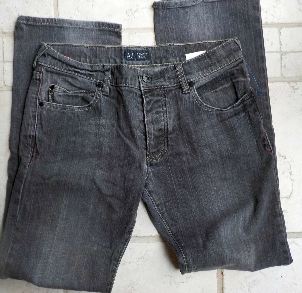 Armani Jeans SZ 31 Button Fly, Boot cut, Gray Distressed 5 Pocket