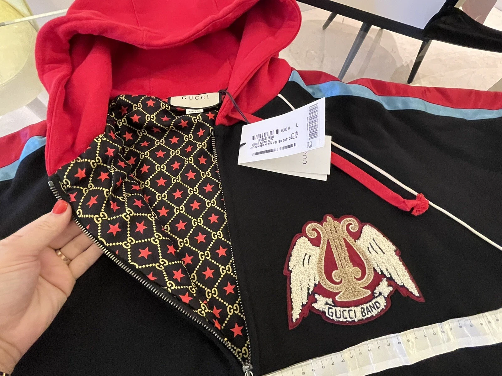 Gucci band zip bomber jacket l felpa cappuccio nero rosso arph uomo donna felpa con cappuccio