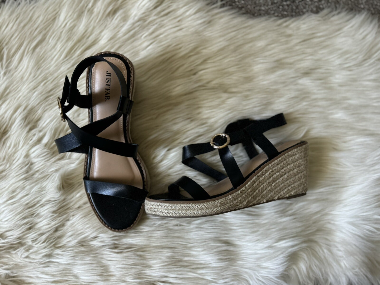 JustFab Black Strappy Wedge Sandals Size 9.5 Womens Comfort Heels-image