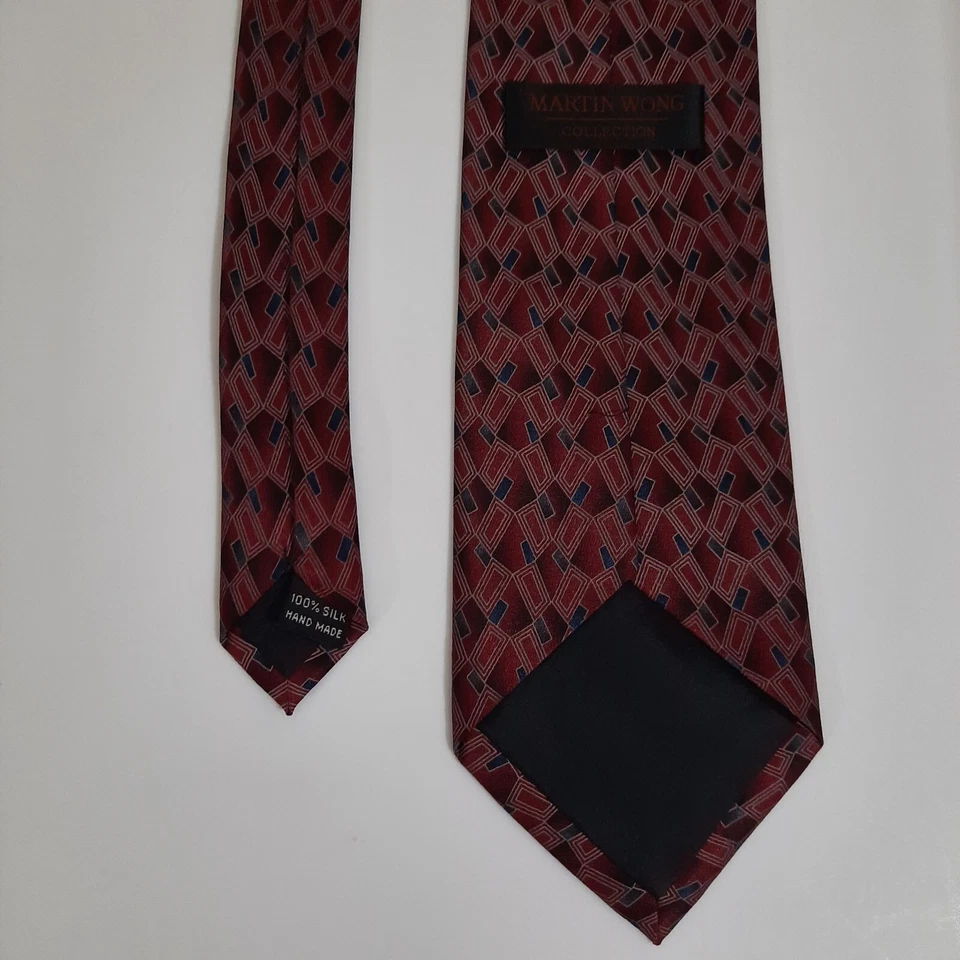 Mens 100% Silk Tie Necktie 60x4 Wide Red Check Diamond Hand Made Martin Wong - Image 3 of 4