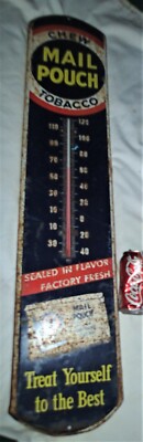 貴重 アメリカ製 US MAIL POUCH ブリキ看板 ガラスサーモメーター ANTIQUE USA MAIL POUCH TOBACCO THERMOMETER CIGARETTES METAL TIN