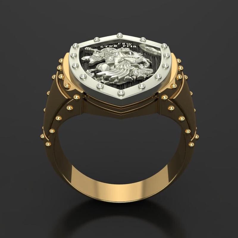 Erzengel-Engel-Kreuz Ring Für Herren - Christlicher Siegelring Aus Edelstahl Gold