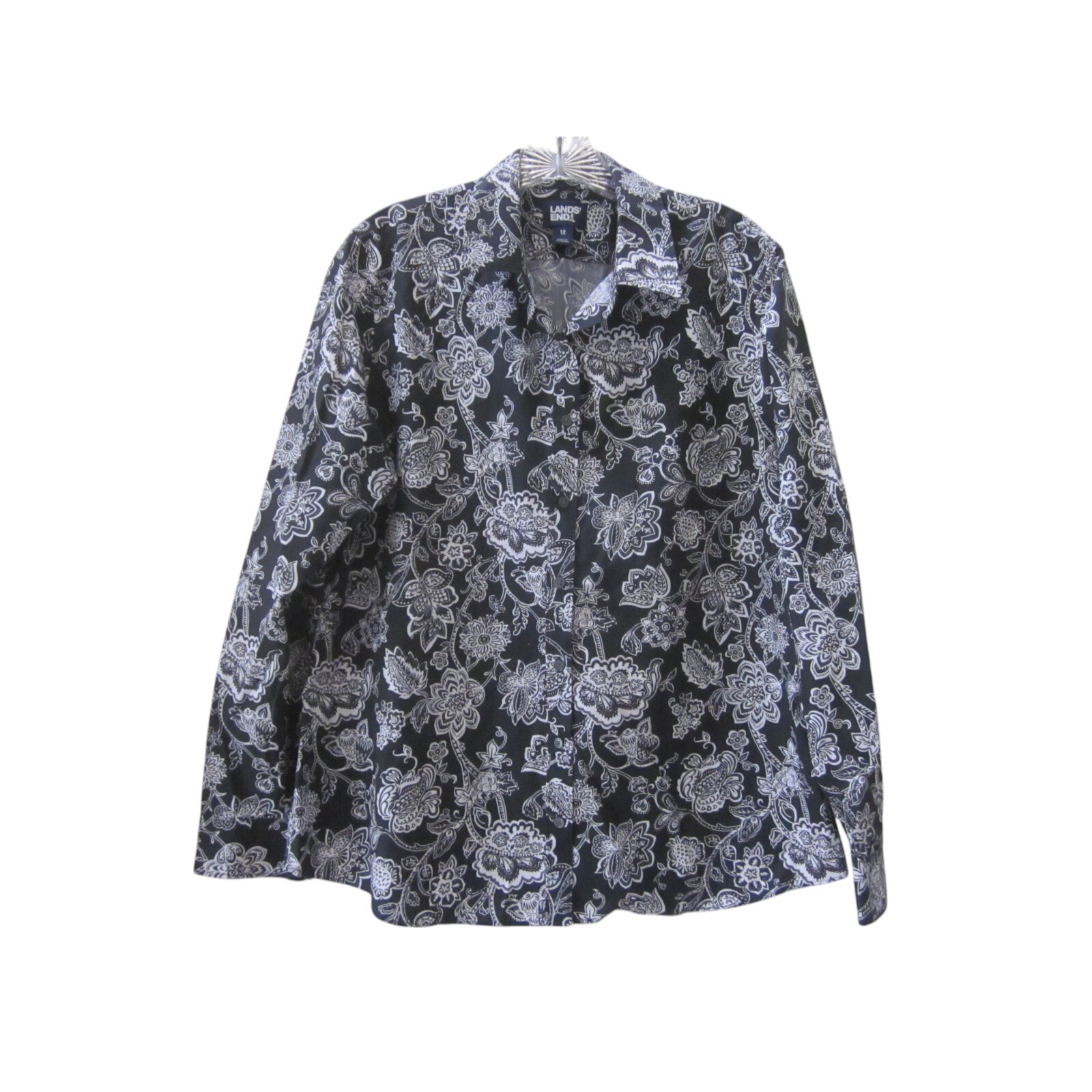 LANDS' END Black w/ White Flower Print Long Sleeve Button Front Shirt Top Sz 12