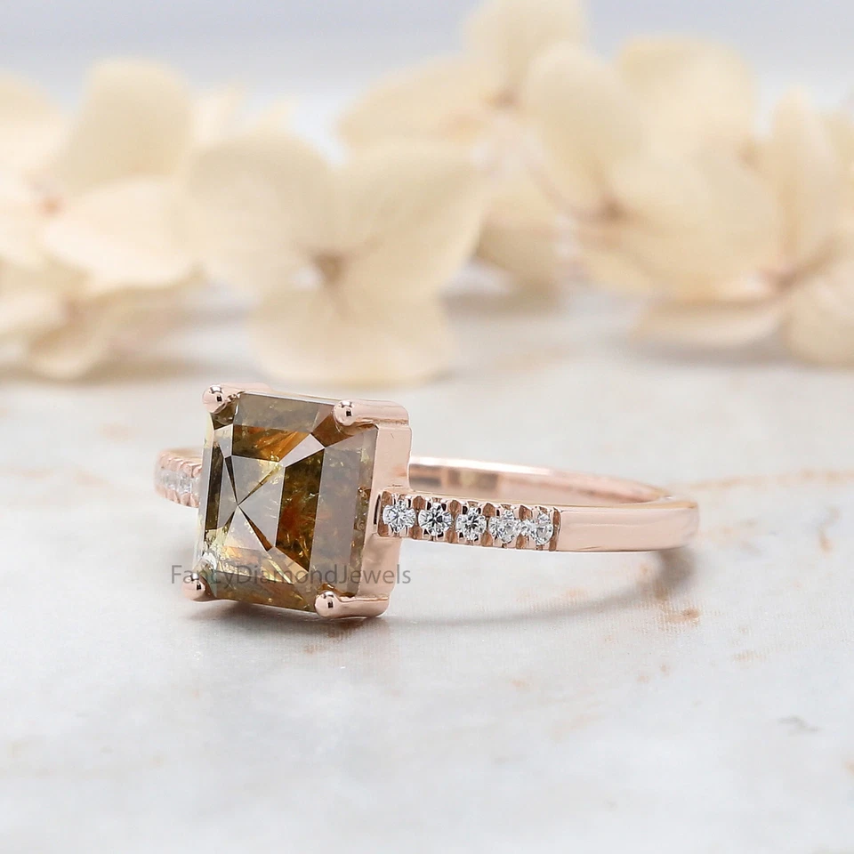 1.46 Ct Radiant Cut Brown Color Diamond Ring 14K Rose Gold Engagement Gift Ring - Image 2 of 4