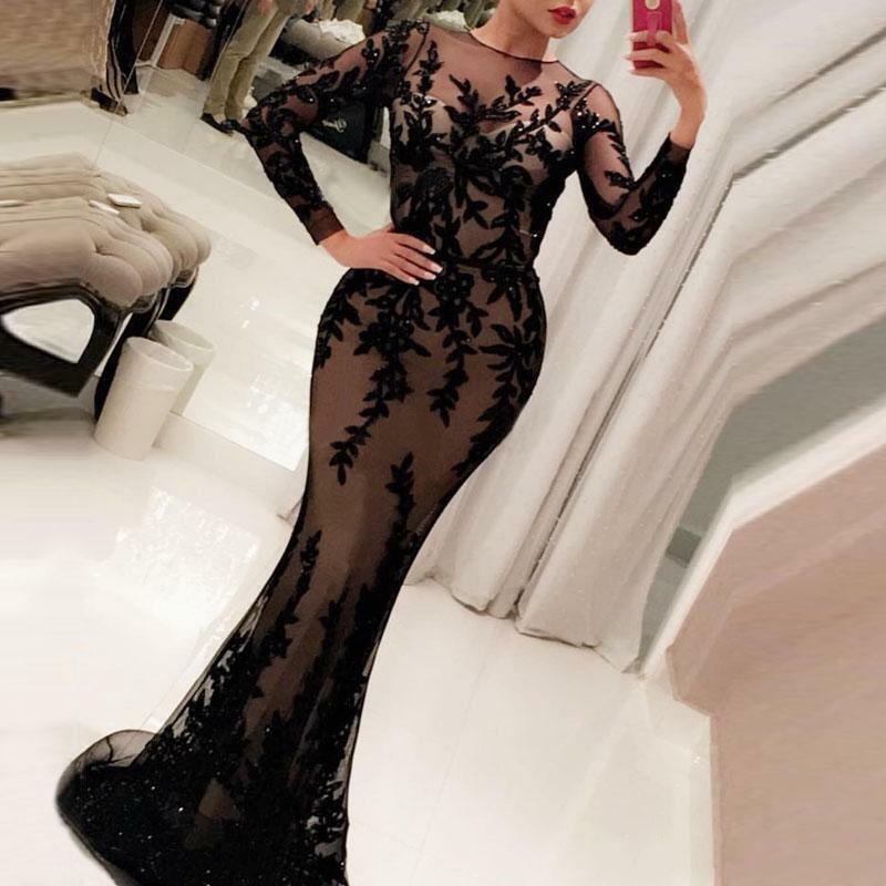 Black Lace Evening Dress Mermaid Long Sleeve Jewel Neck Mermaid