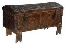 Antique Trunk, Spanish Baroque Leather-Clad, Fabric Lined, Nailhead, 1700's!!