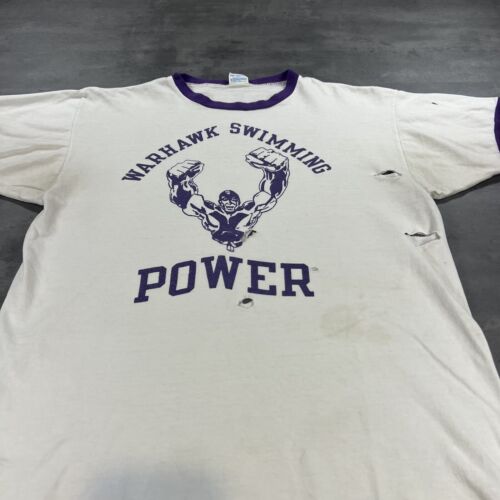True Vintage 70s Champion T Shirt L M White Purple Ringer Gym Weightlifting Swim