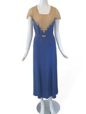 Vintage 30s Dress in Cornflower Blue With Lace - sm, med