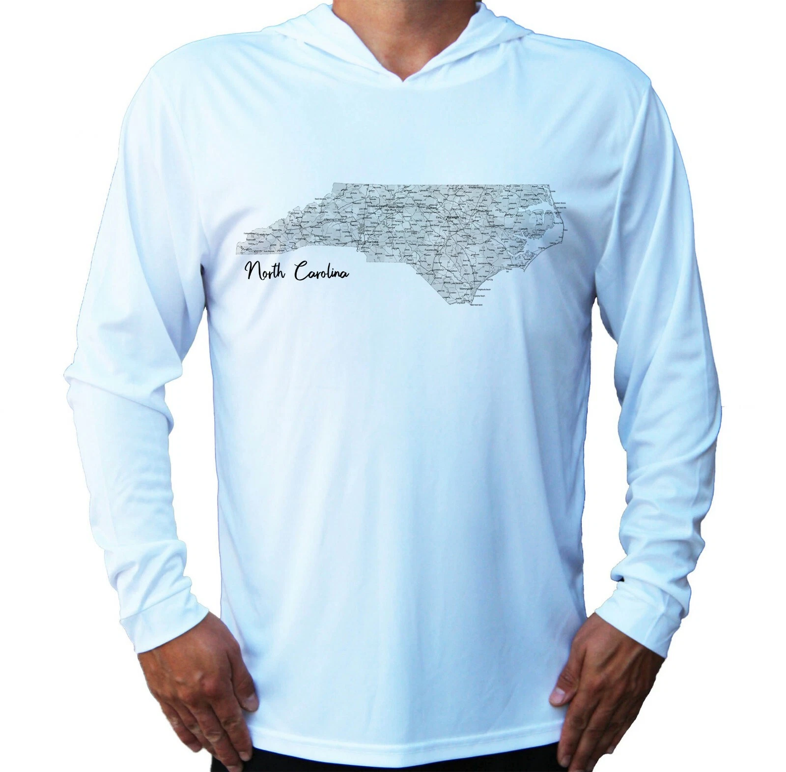 North Carolina State Map UV Protected UPF 50 Long Sleeve T-Shirt Hood Fishing