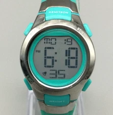 Armitron Sport Watch Women Digital Chronograph 27mm Silver Tone Green 45/7012