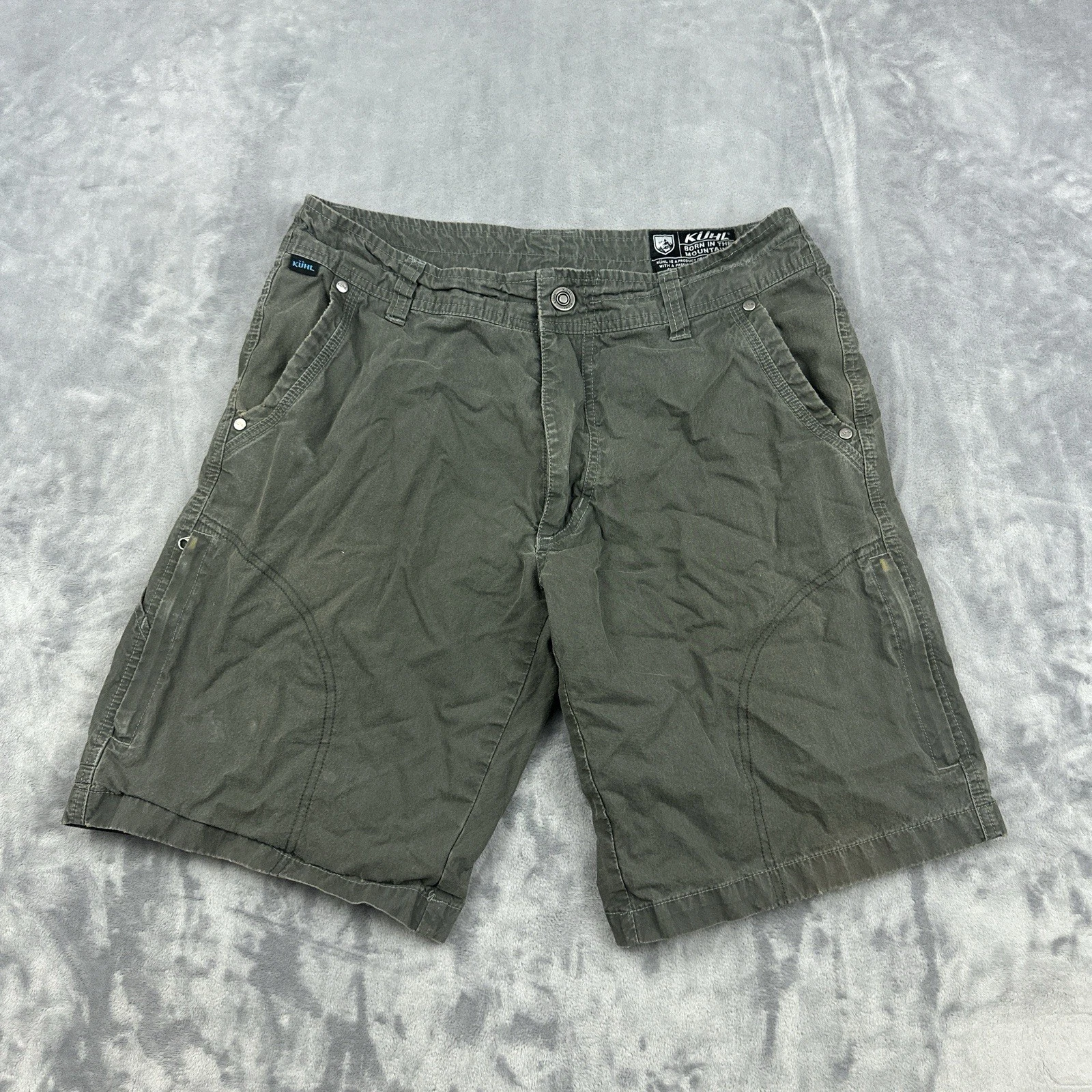 Kuhl Ramblr Shorts Mens 31 Green Vintage Patina Dye Hiking Trail Utility Cargo