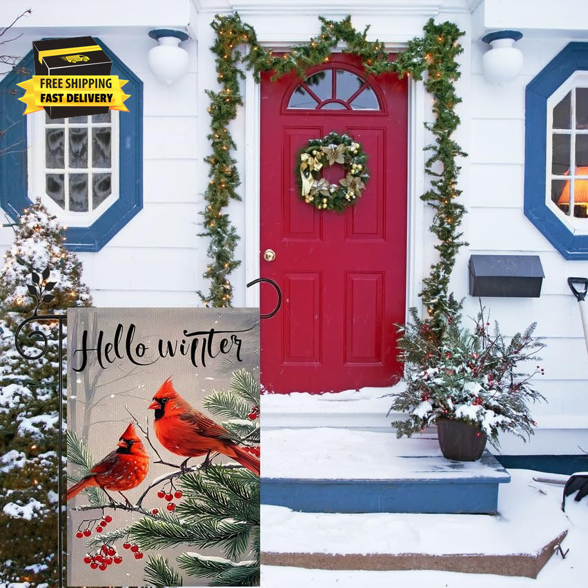 Winter Cardinal Bird Garden Flag 12X18 Double Sided Christmas Banners for outsid