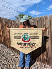 Vintage RARE Wrangler Rugged Wear Double Sided Advertisement Flag Banner Sign 