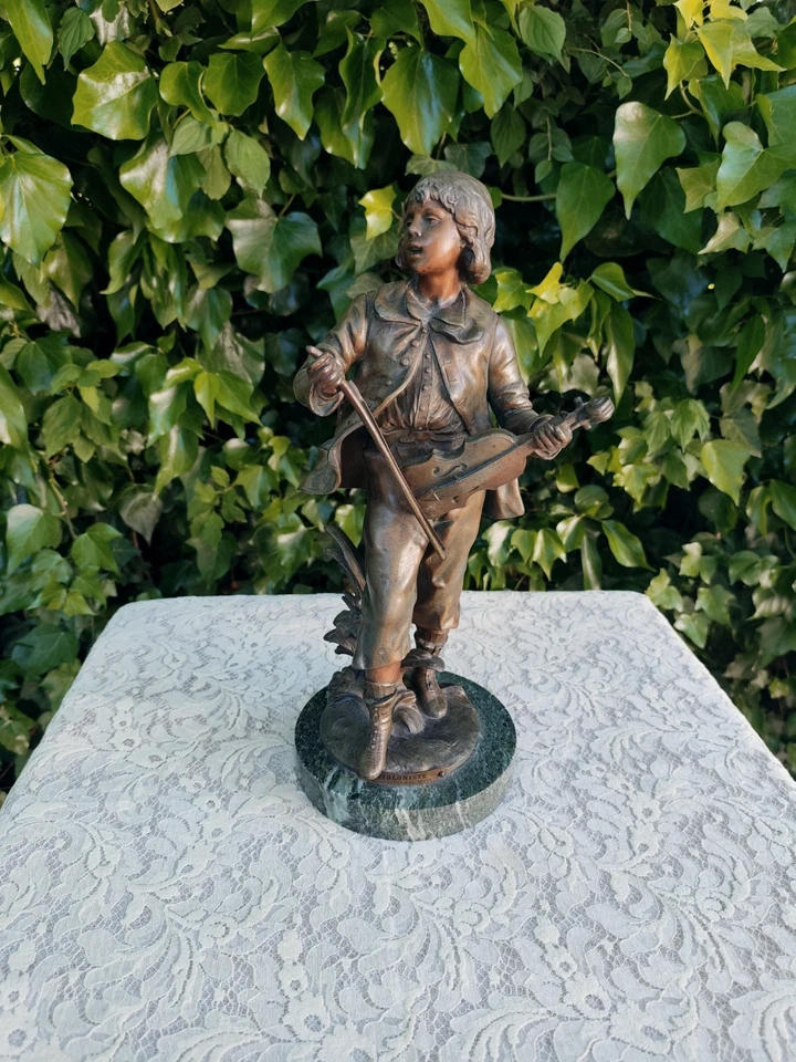 Statue Violoniste Aug. Moreau Régule Patiné Socle Marbre Art Nouveau 43cm - Photo 2/4