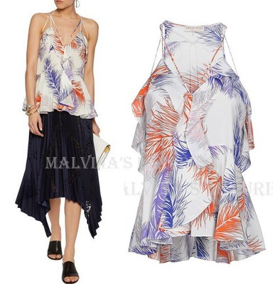 EMILIO PUCCI TOP RUFFLED FEATHER PRINT SILK CREPE CUTOUT $920 sz IT 38 US 2