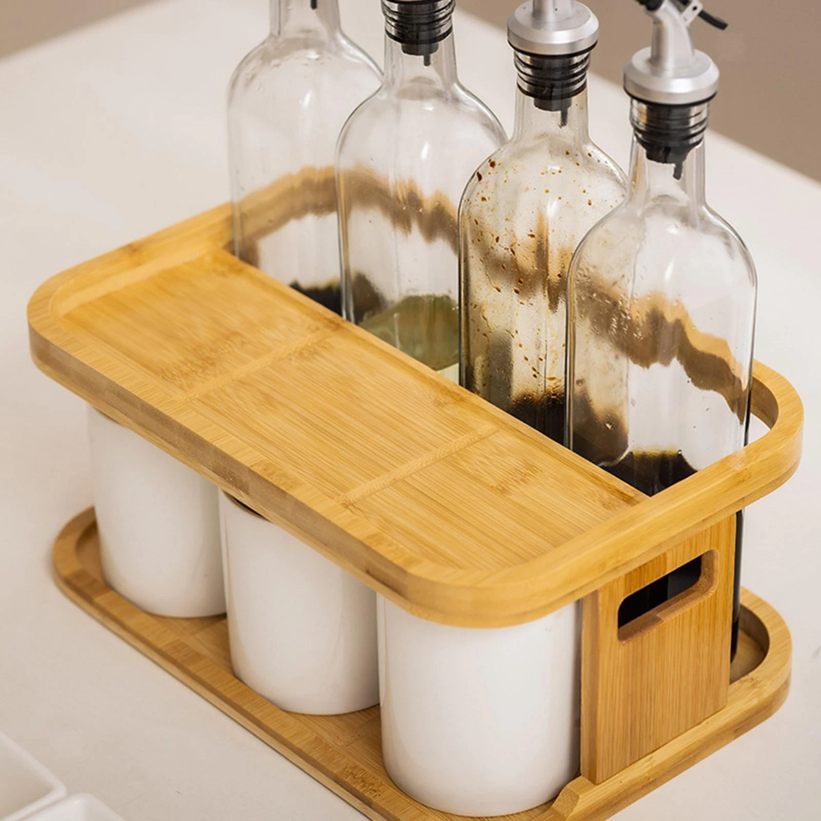 Oil Bottle Rack Kitchen Supplies Wood Space Saving Anti Slip Organizer Rack