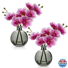 Oairse Pink Artificial Orchid Flowers Arrangement Black Glass Vase 10"