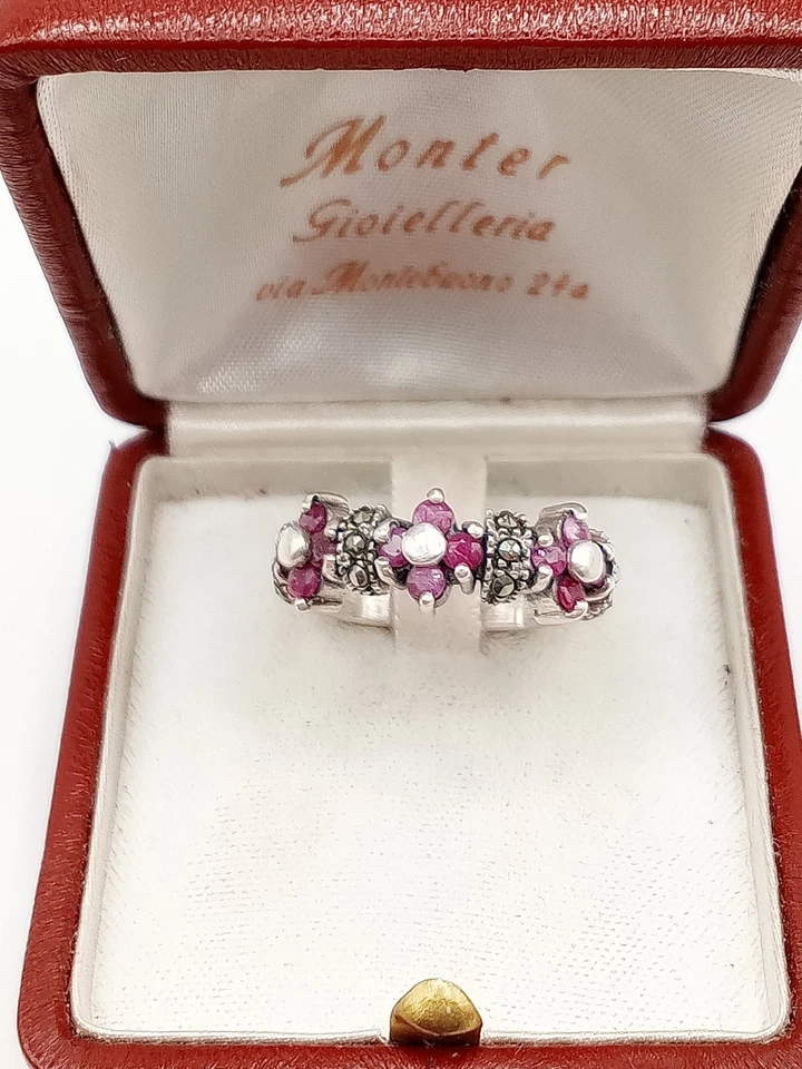 Anello Donna Argento 925 Vintage Antico Art Decò Fiori Rubini Marcasiti Fiori - Immagine 2 di 4