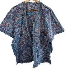 Vintage 80s Handmade Cardigan Womens 2X Blue Floral Tapestry Indie Boho Hearts