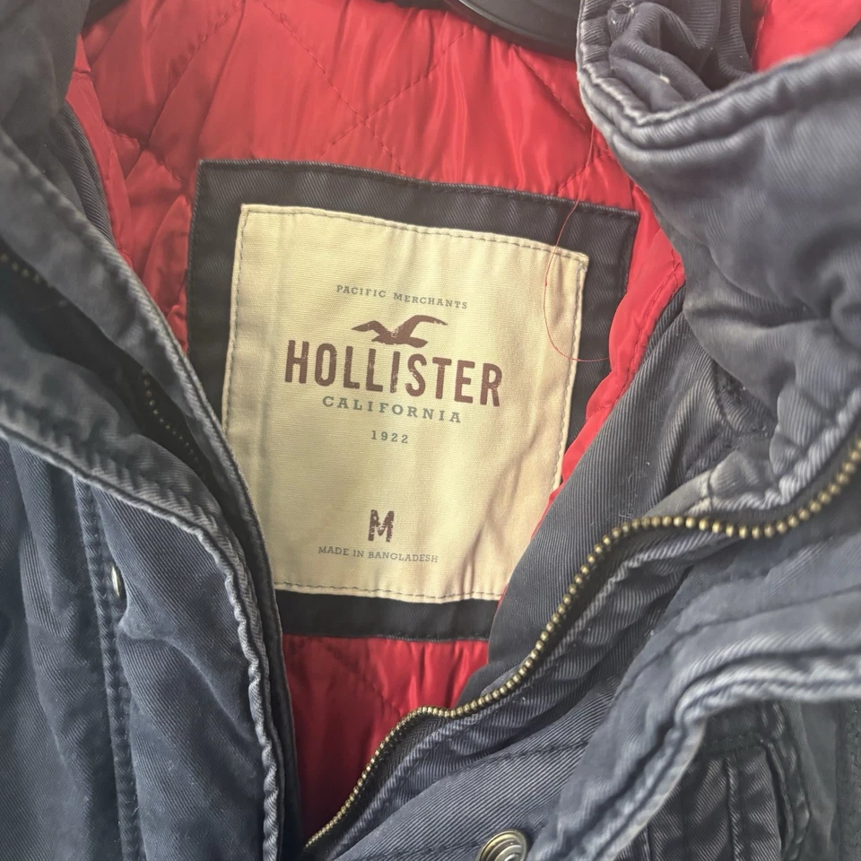 Hollister Jacket Mens Medium Navy Blue Hooded Lined Military Chore Full Button - Image 4 of 4