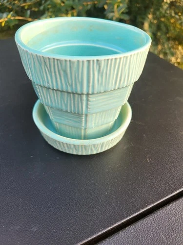 Vintage McCoy Basket Weave Flower Pot 4.0” Turquoise Planter Attached Saucer