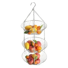 Fruit Basket 3 Tier Hanging Oval Kitchen Organizer Basket Chrome Wire Decor