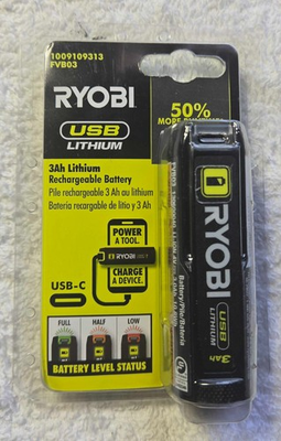 #ad RYOBI USB Lithium 3 Ah Rechargeable Battery Model FVB03 New in box $36.99