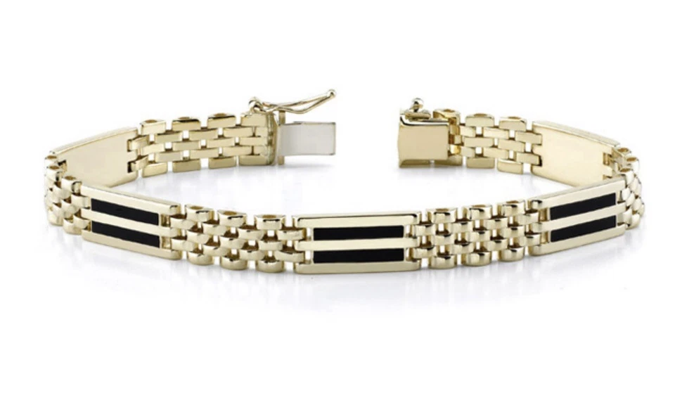 Pulseira masculina de ouro 14K com incrustação de ônix de duas fileiras 8,5 polegadas de comprimento peso 30 gramas - Imagem 2 de 4