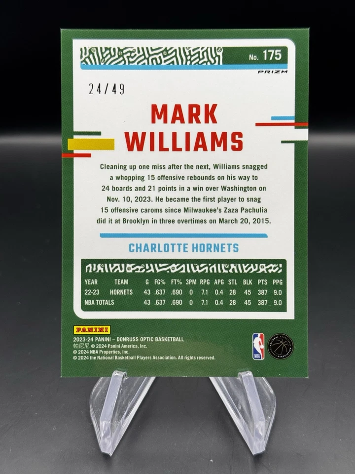 2023 Donruss Optic #175 Mark Williams Blue Disco #'d /49 Hornets - Image 2 of 3