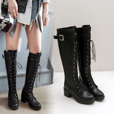 Womens Fashion Lace Up Buckle Strap Chunky High Heels Knee High Knight Boots SZ