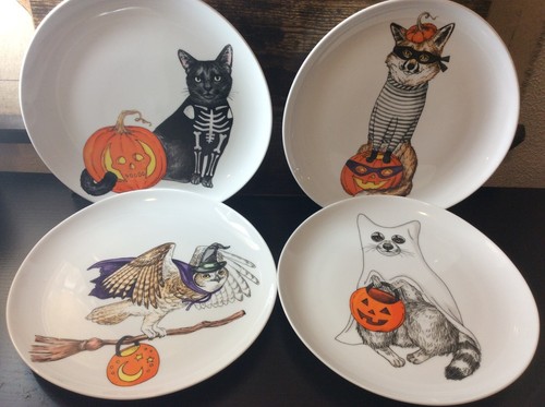 West Elm Set of 4 Rachel Kozlowski Dapper Animal Plates Halloween Costumes NIB!