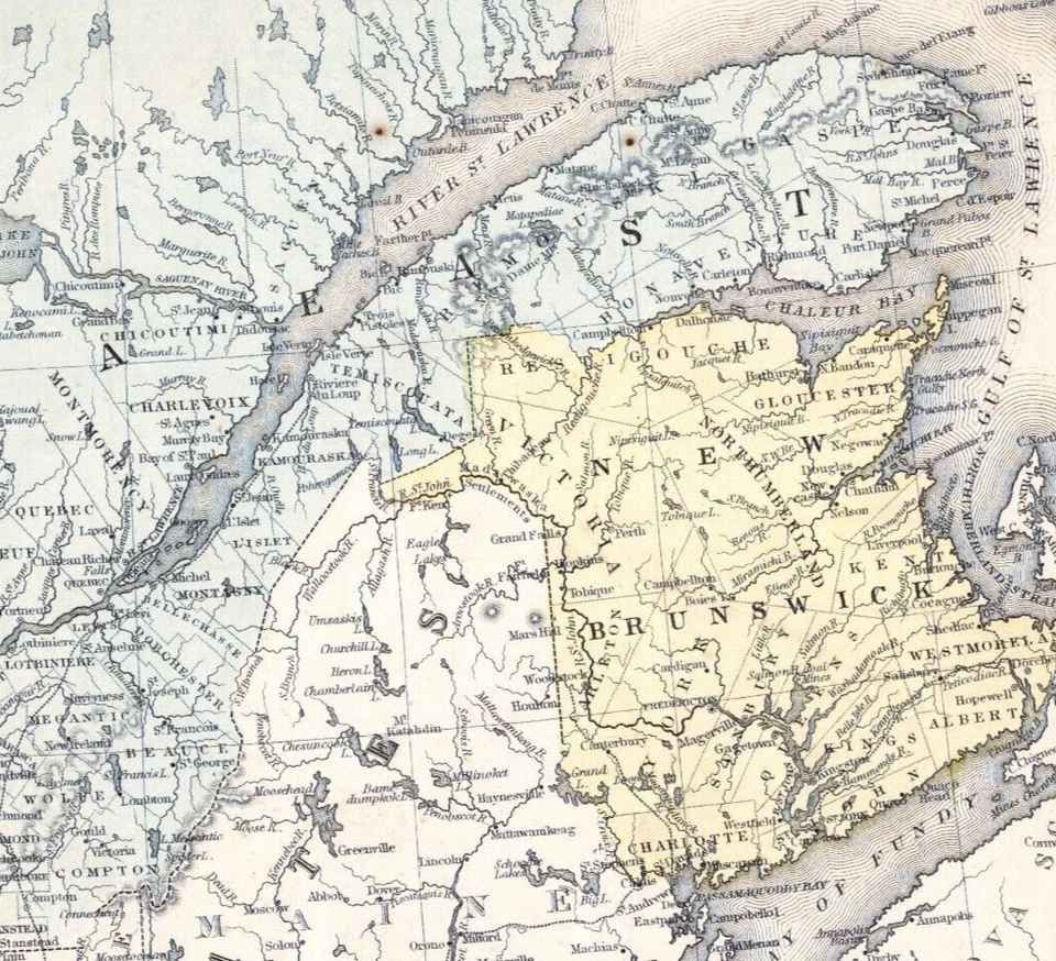 Mapa Mitchell de la era de la Guerra Civil de 1865 Nuevo Brunswick, península de Gaspe - incursión de St. Albans Foto 4 de 4