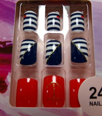 Pretty Secrets Anchors USA Sailor Navy Red White Blue Glue on Nail Short