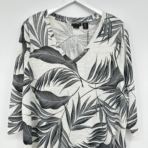 Tahari Top Shirt 1X Stretch 100% Linen Boho Beachy Palm Leaf Artsy Neutral New - Picture 3 of 12