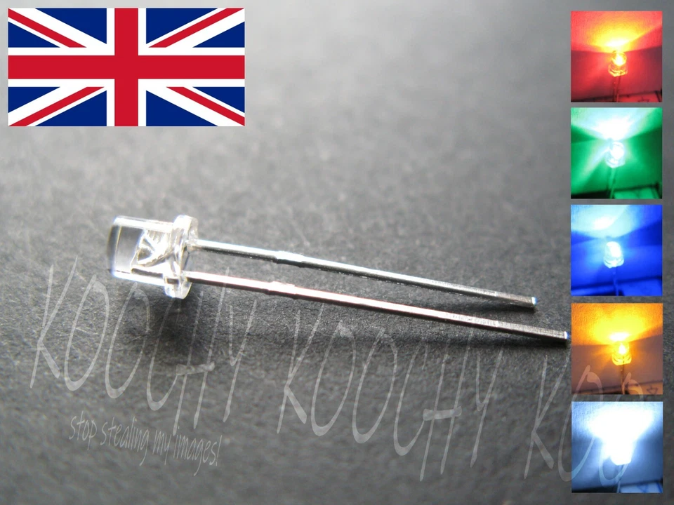 3mm LED FLAT TOP - WATER CLEAR - Red Green Blue Yellow White Diode 1-100 pcs UK