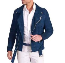 Jacket Motorcycle Biker Casual Men's Navy Blue Genuine Pure Soft Suede Leather