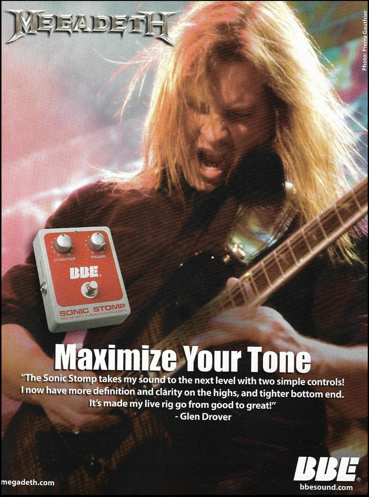 Glen Drover (Megadeth) BBE Sonic Stomp guitar effects pedal 2013 advertisement