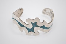 Vintage Heavy Sterling Chip Turquoise Inlay Cuff Bracelet Eagle 3 Made in Mexico