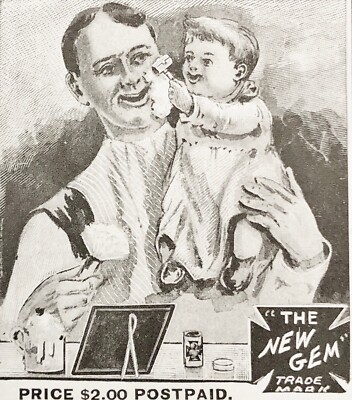 Man Shaving&Baby Boy Son Childs Play c1900 Gem Cutlery Safety Razor Vtg Print Ad