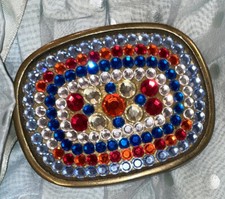 Patriotic Brass Belt Buckle Sparkling Red White Blue Rhinestone VNTG OOAK 3.5"