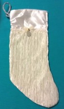 Victorian Style Ivory Christmas Stocking Silky Beaded VGUC For Decoration