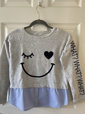 HM Girls Smiley Graphic Long Sleeve & Half Blue Striped Button Shirt Size 8-10Y