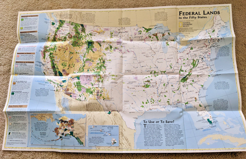 National Geographic Society United States USA Map, Federal Lands & Physical Land